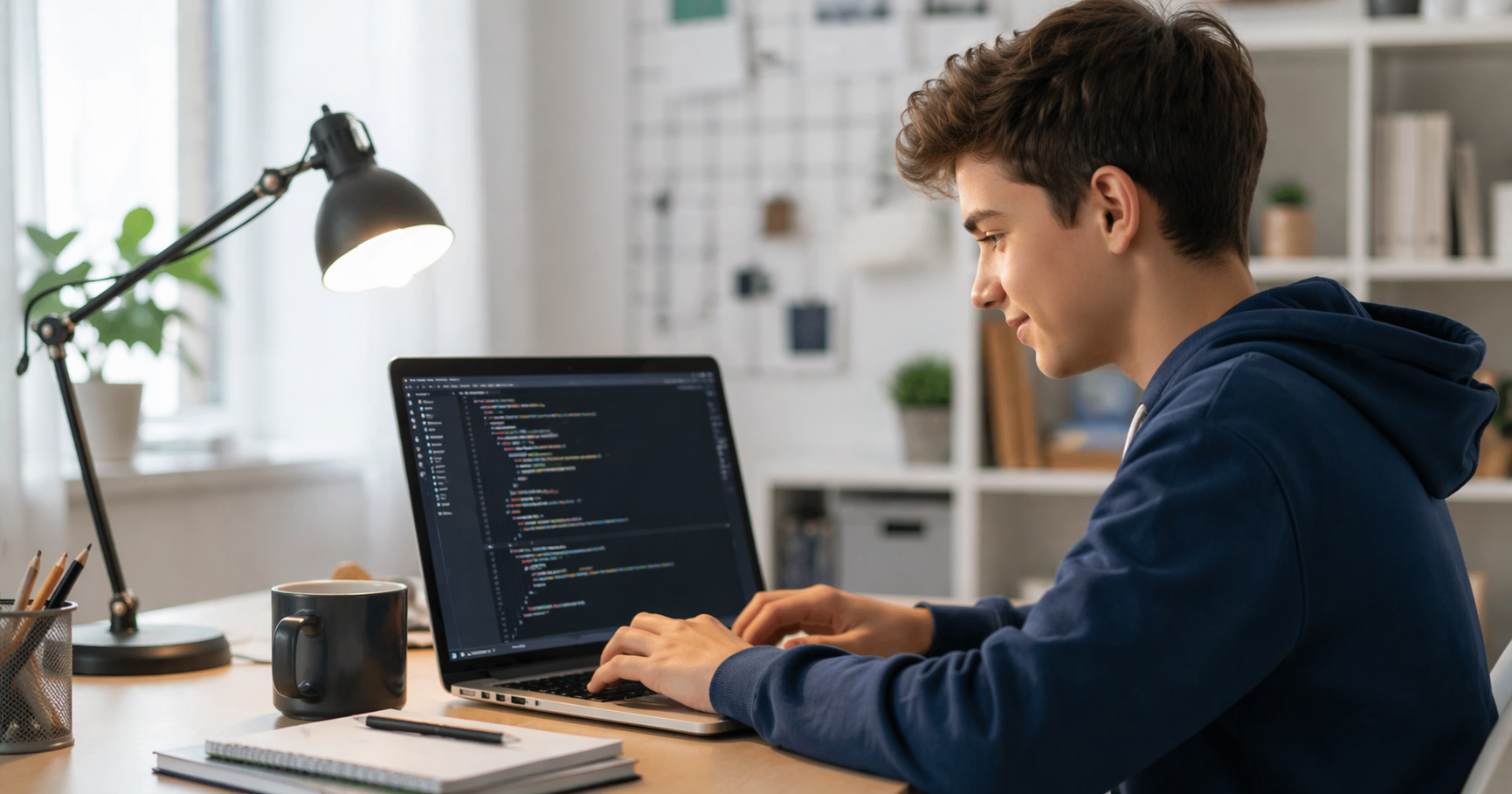 Подросток учится программированию на Python за ноутбуком — обучение с нуля дома