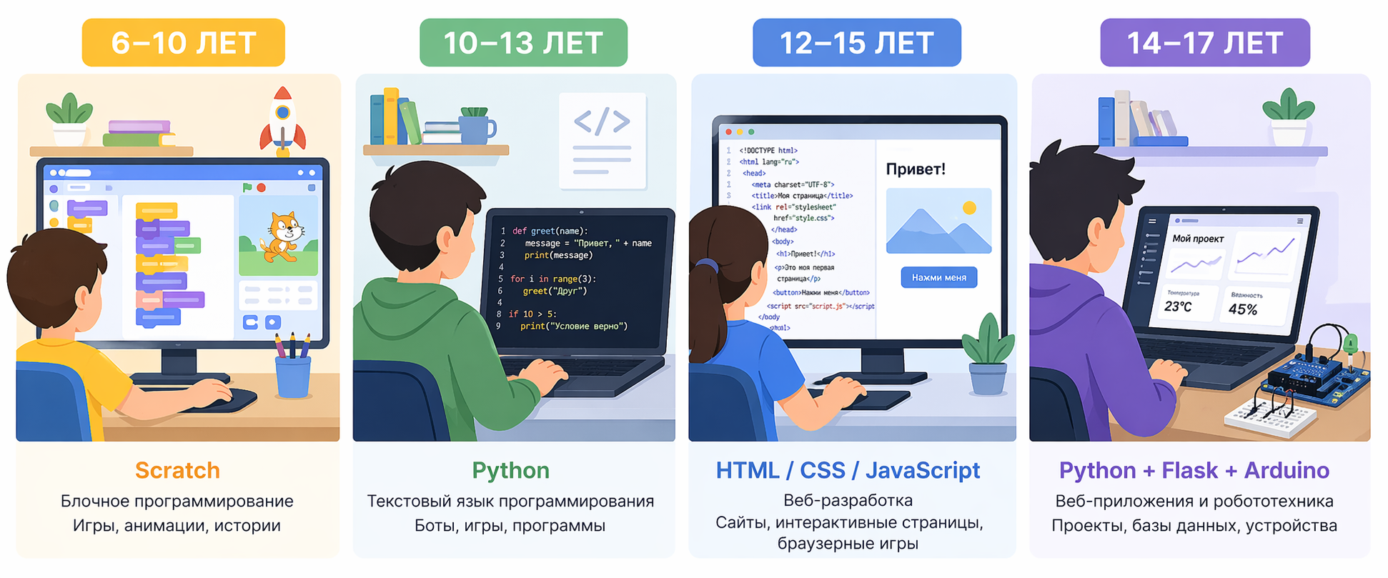 Языки программирования для детей по возрасту: Scratch 6–10 лет, Python 10–13 лет, HTML/CSS/JavaScript 12–15 лет, Flask и Arduino 14–17 лет