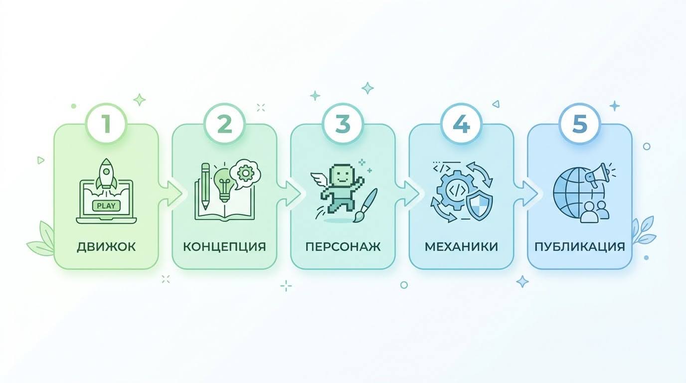 Инфографика пять шагов создания игры для школьника с нуля