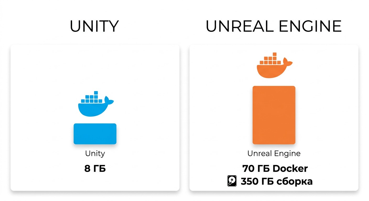 Сравнение размеров Docker-образов для CI Unity и Unreal Engine