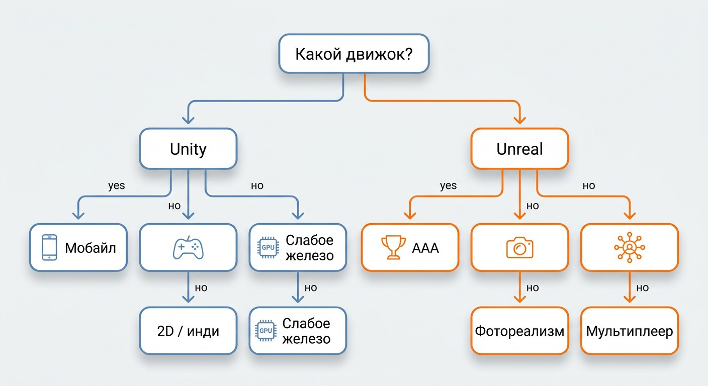 Дерево решений для выбора между Unity и Unreal Engine по задаче