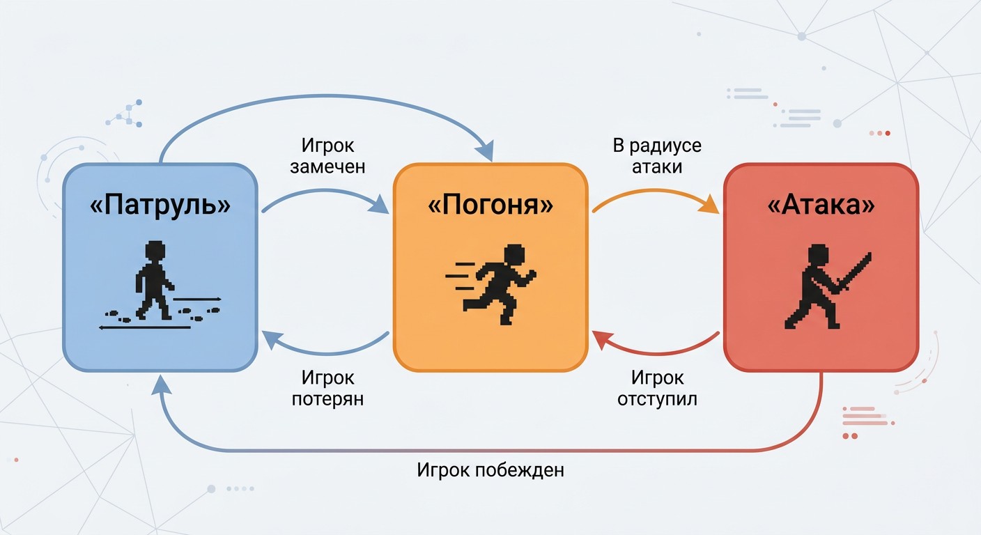 FSM-диаграмма NPC с состояниями Патруль, Погоня, Атака