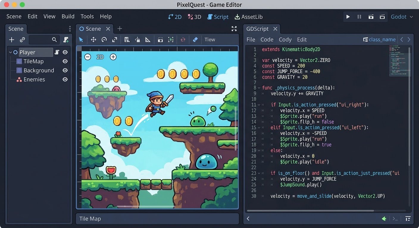 Редактор Godot Engine с кодом GDScript для создания игр