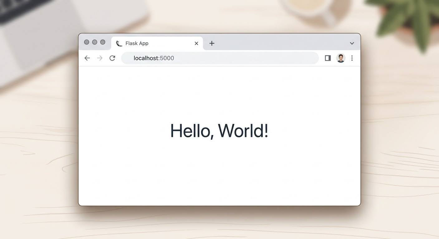 Браузер открывает Hello World на localhost Flask-приложения для начинающих