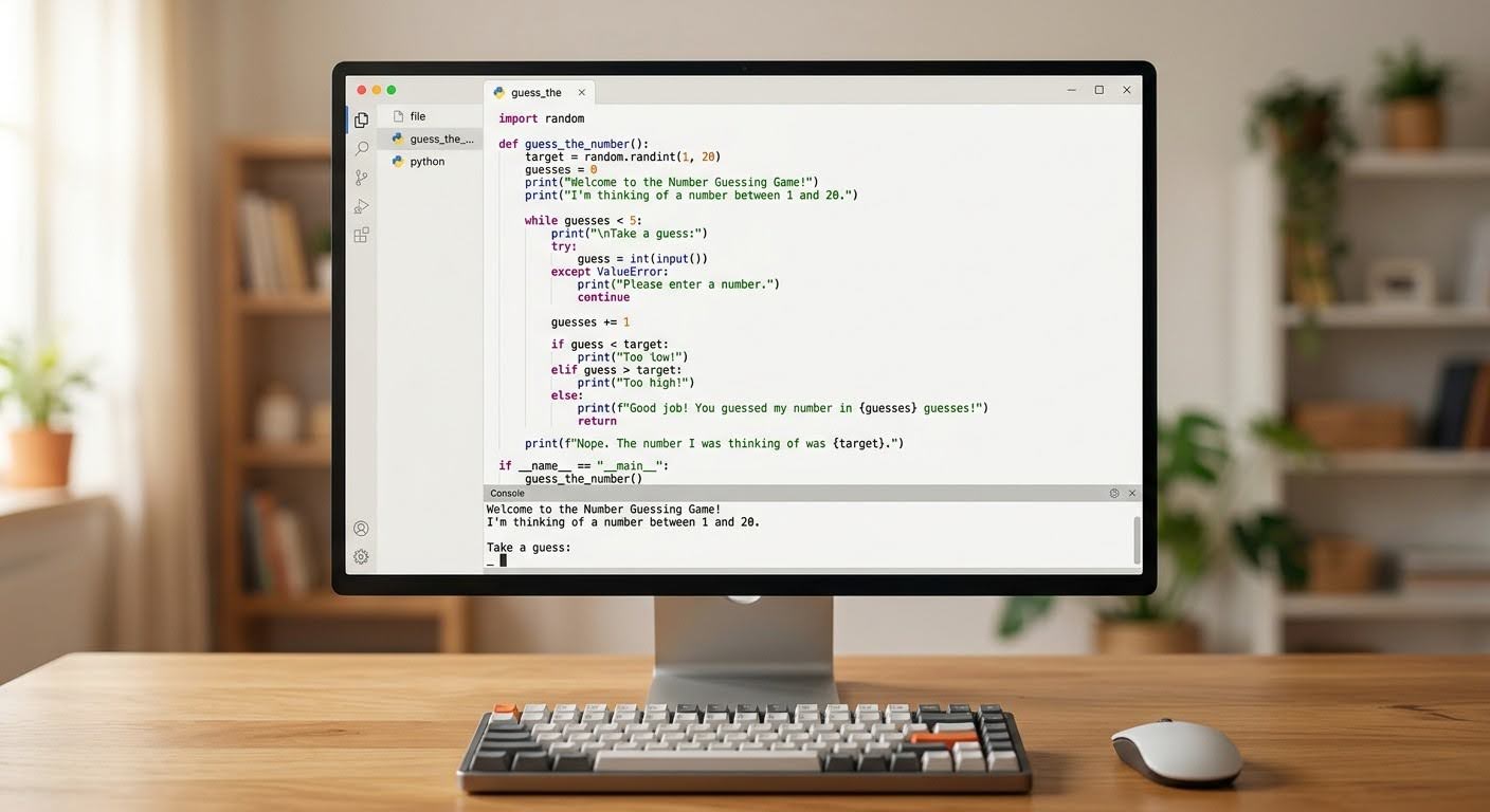 Код игры Угадай число на Python в редакторе для начинающих