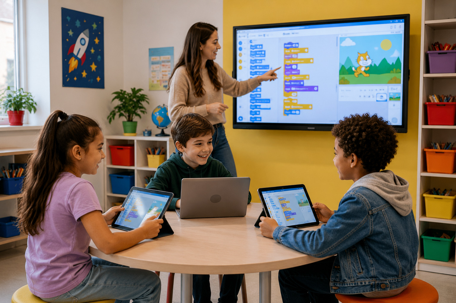 Дети учатся программированию на Scratch в IT-школе с преподавателем