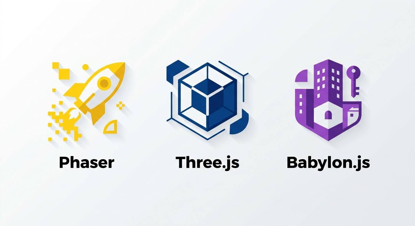 Логотипы JavaScript-фреймворков Phaser, Three.js и Babylon.js для браузерных игр