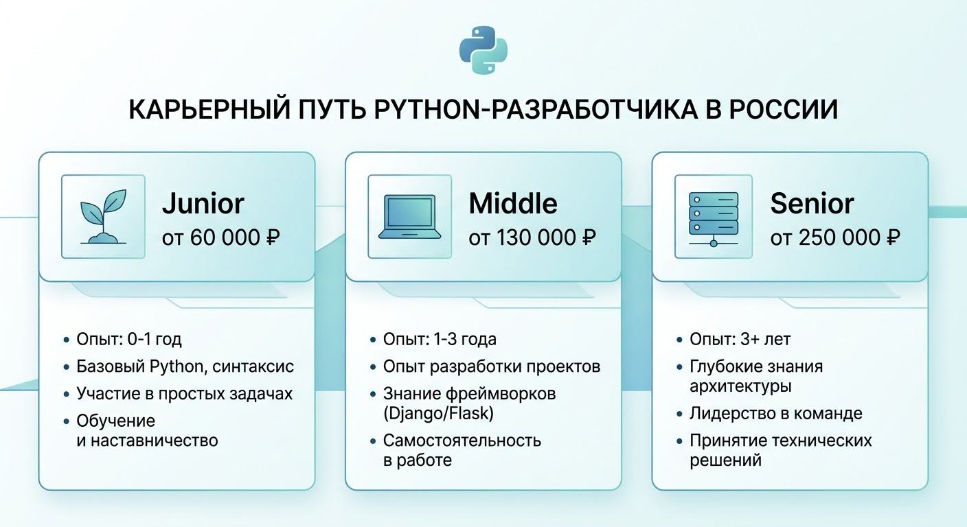 Карьерные пути после Python: зарплаты Junior Middle Senior разработчика