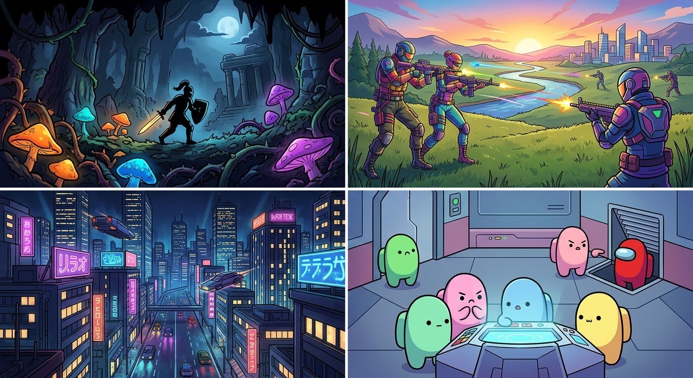 Коллаж популярных жанров игр — платформер, шутер, песочница и инди
