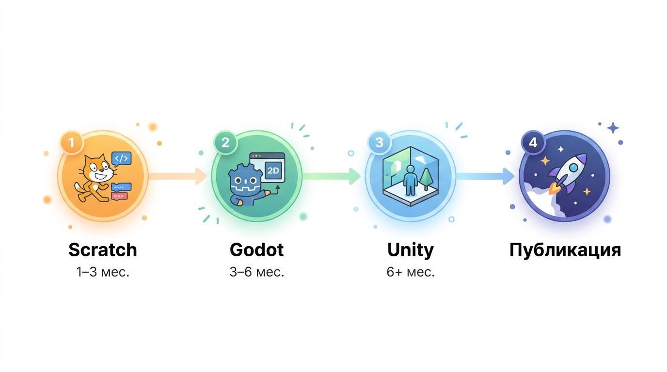 Маршрут школьника в геймдеве: Scratch, Godot, Unity и публикация