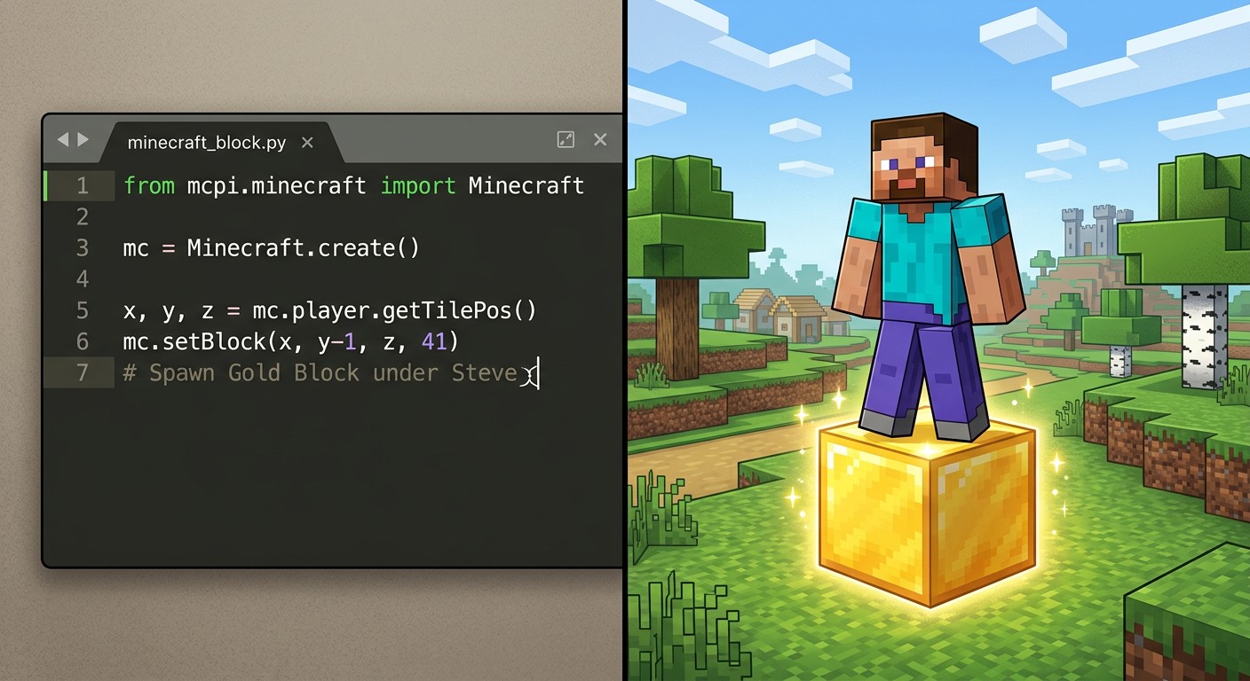 Код mcpi на Python и золотой блок под персонажем в Minecraft