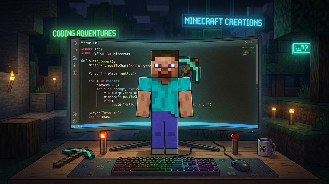 Персонаж Minecraft перед экраном с кодом — программирование в игре