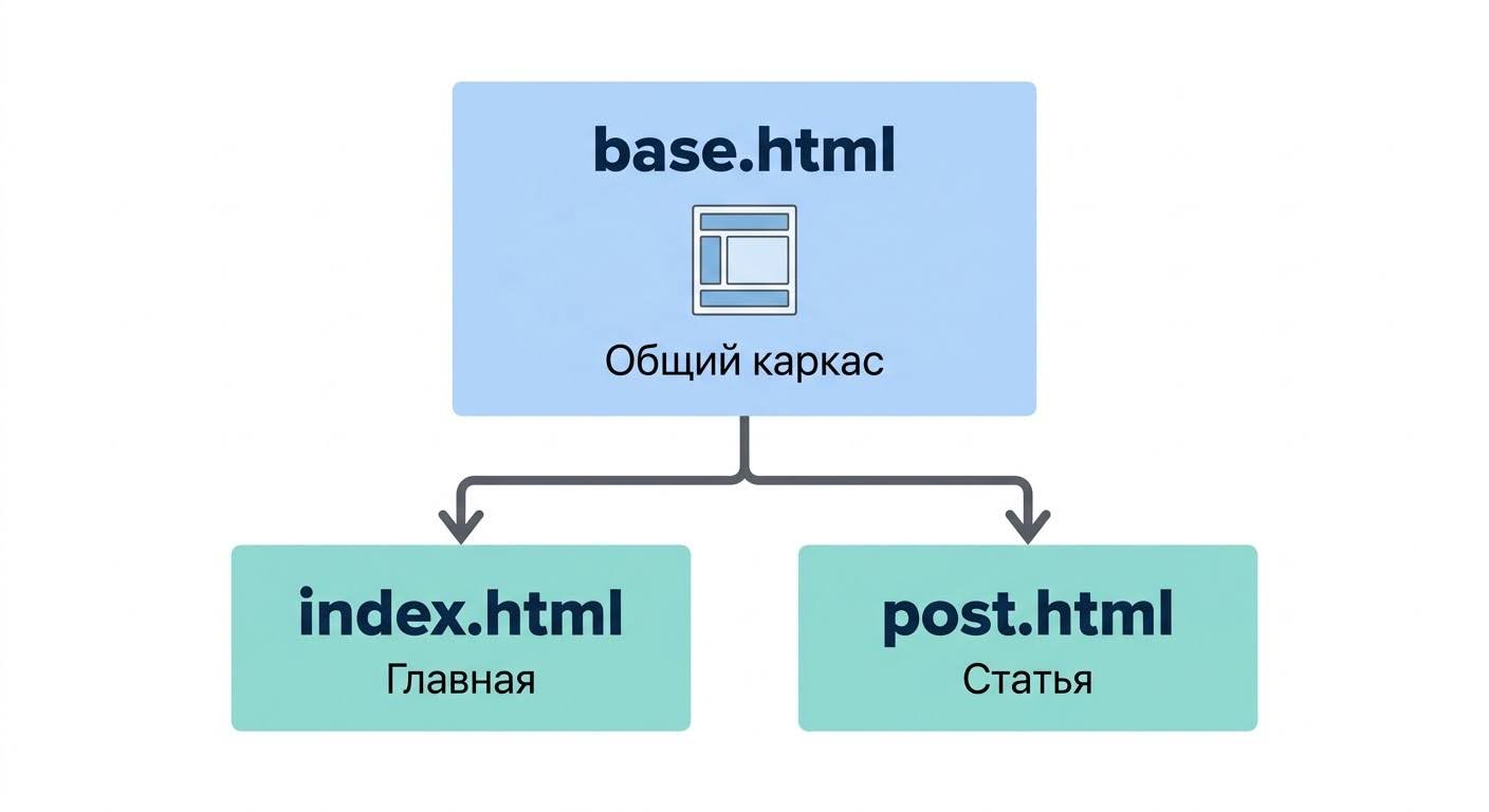 Схема наследования шаблонов Jinja2: base.html передаёт структуру дочерним страницам