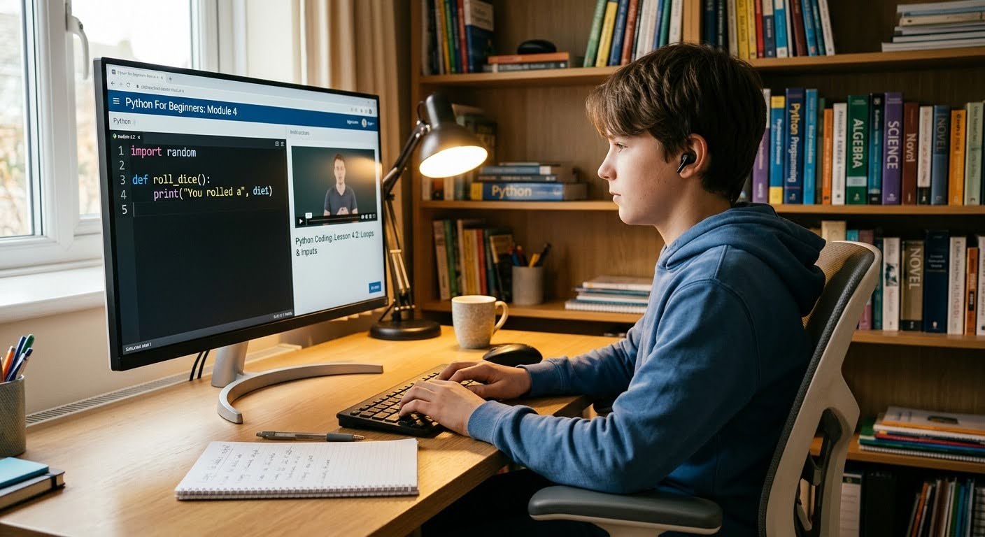 Школьник занимается Python на онлайн-уроке в интернет-школе
