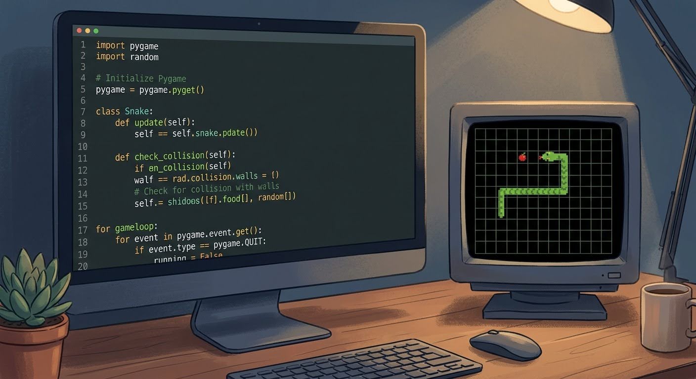 Код Python Pygame и игра Змейка на экране разработчика