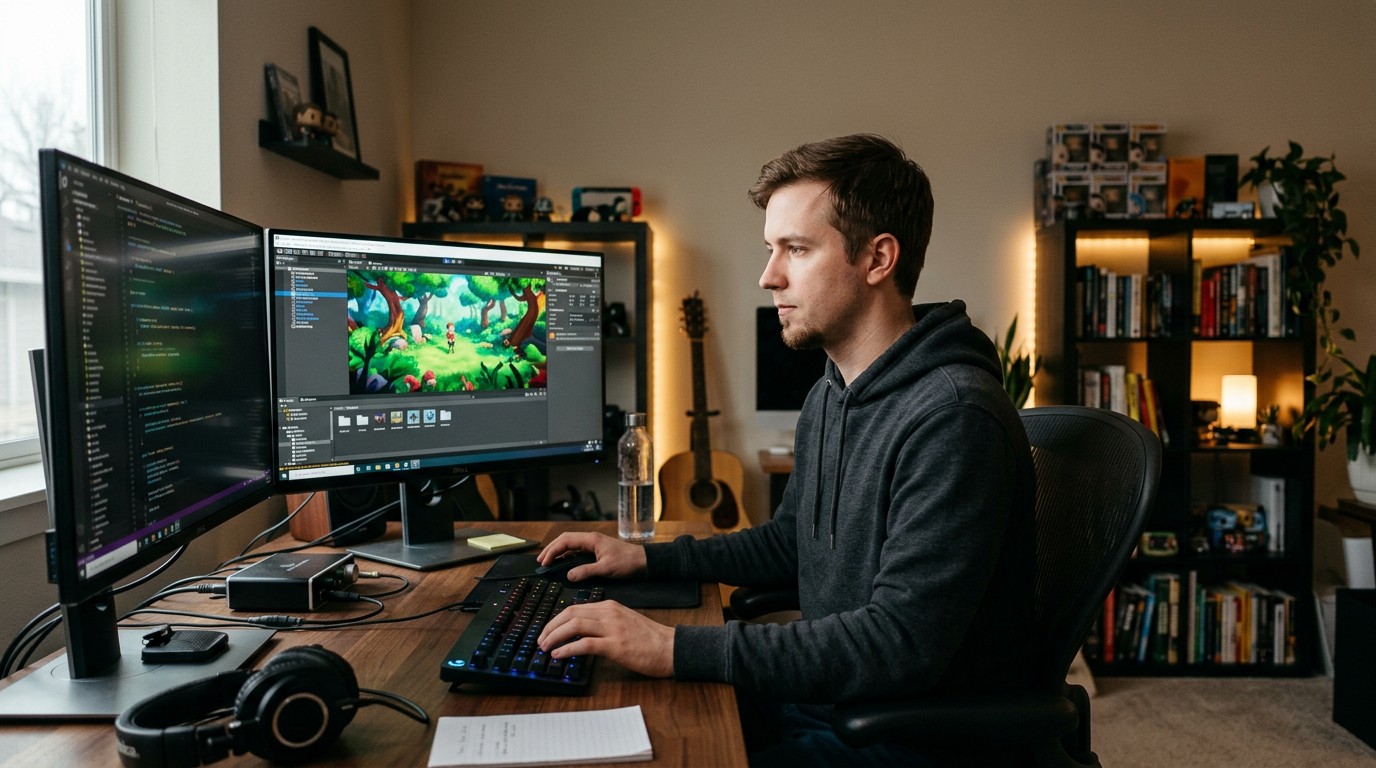 Разработчик создаёт игру в Unity за компьютером в студии