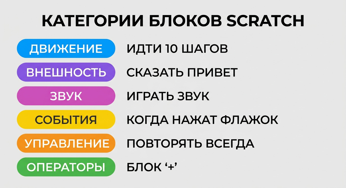 Таблица категорий блоков Scratch с цветами и примерами команд