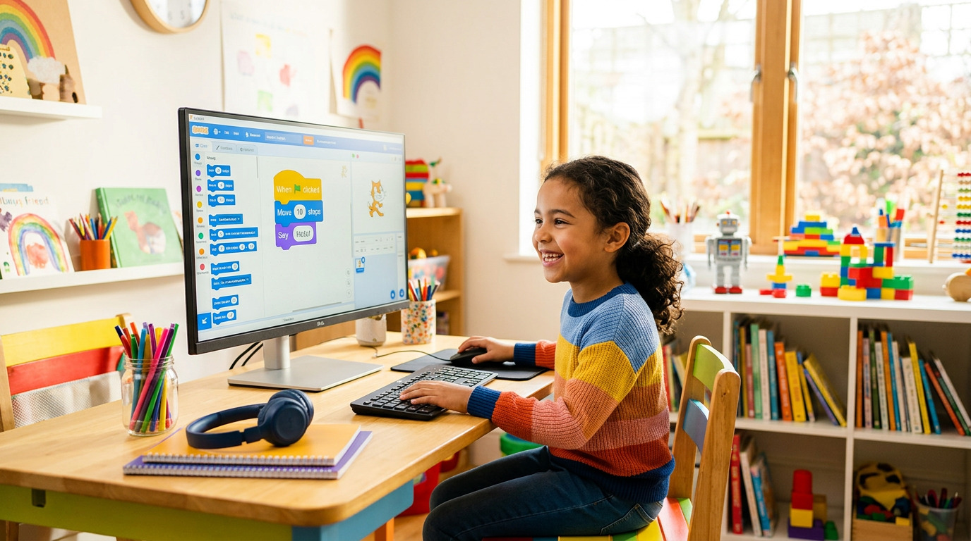 Ребёнок изучает Scratch — блочный язык программирования для детей
