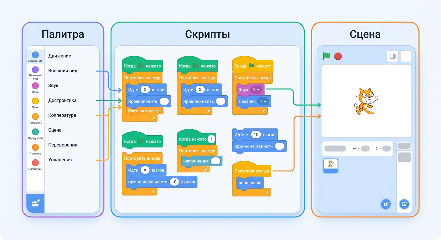 Схема интерфейса Scratch: палитра блоков, скрипты и сцена