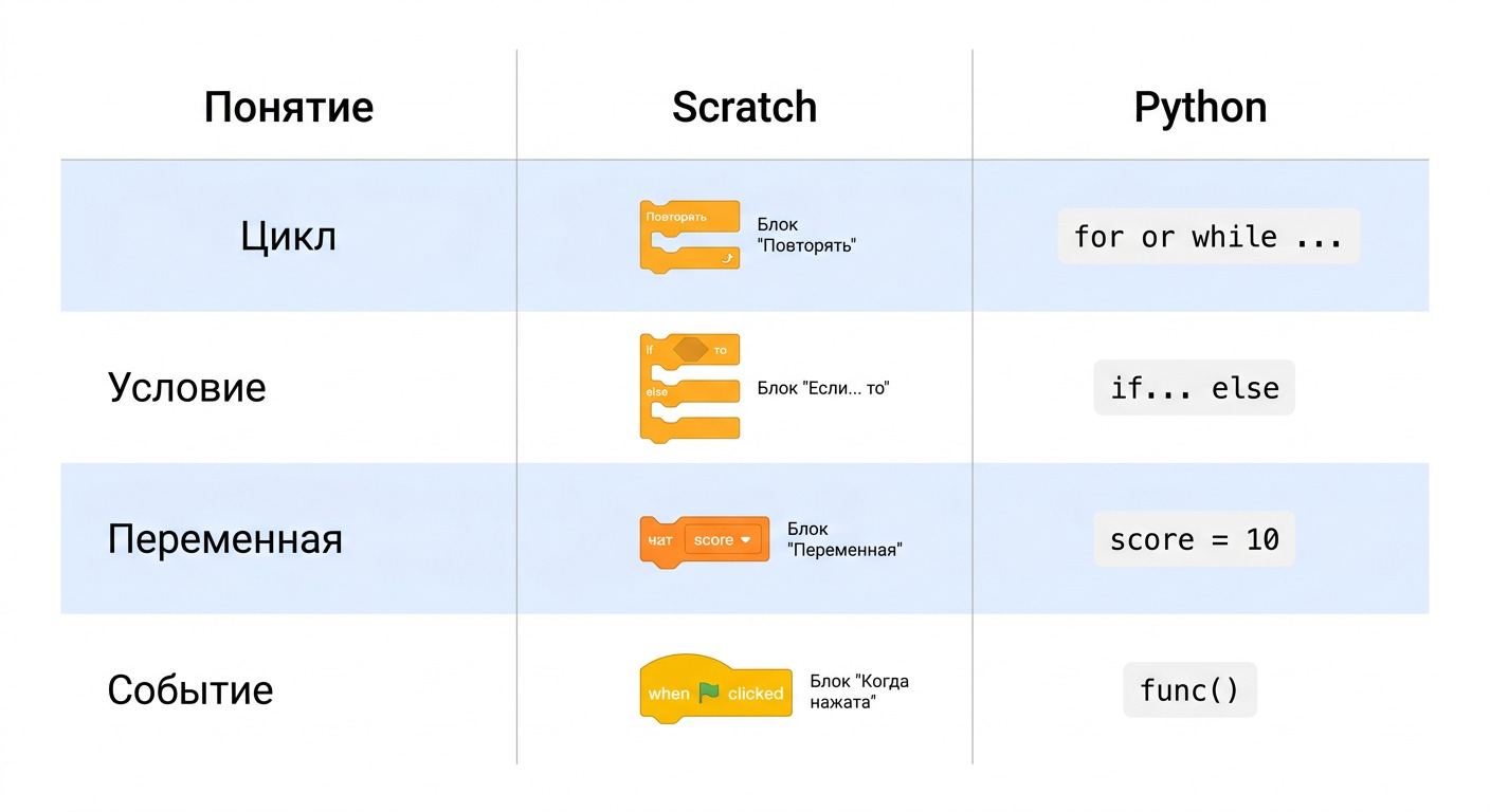 Концепции программирования в Scratch и их аналоги в Python
