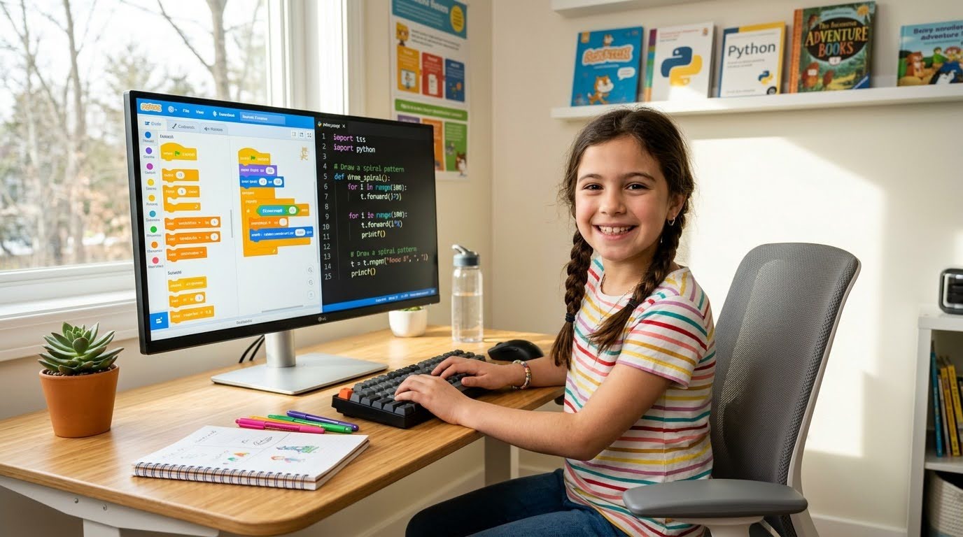 Ребёнок за экраном изучает Scratch и Python программирование