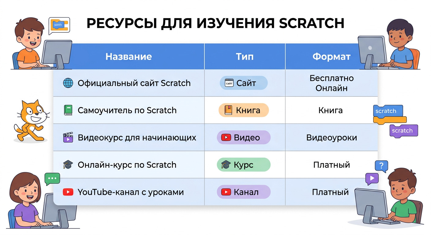 Таблица ресурсов для изучения Scratch: сайты, книги и видеокурсы