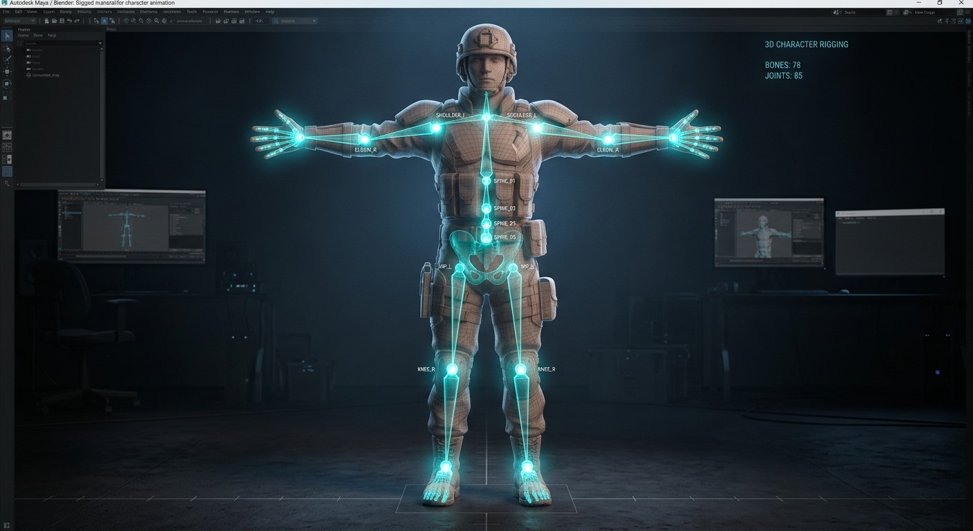 Скелетная анимация 3D-персонажа с ключевыми точками ригинга
