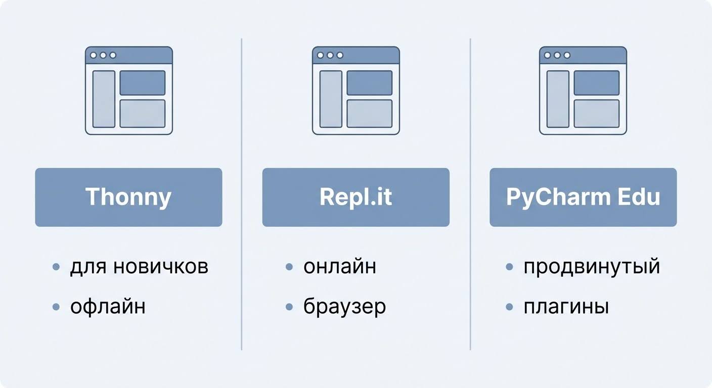Сравнение IDE Thonny, Repl.it и PyCharm Edu для Python