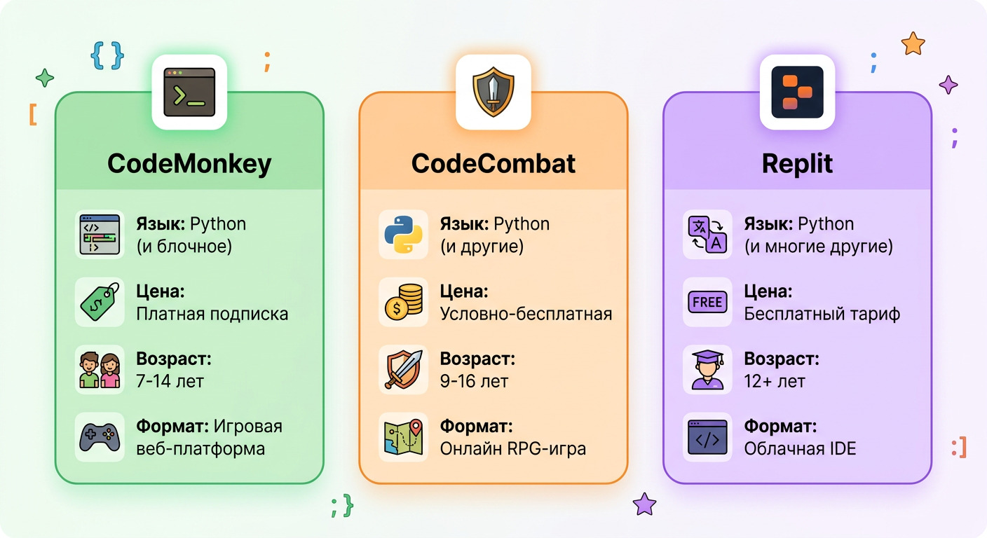 Сравнение платформ CodeMonkey, CodeCombat и Replit для Python детям