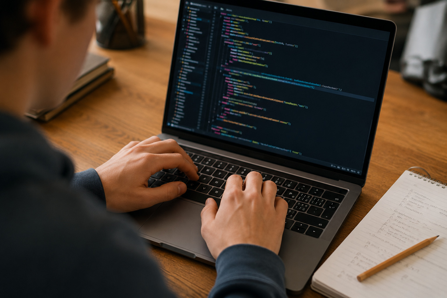 Подросток пишет код на Python в рамках обучения в IT-школе