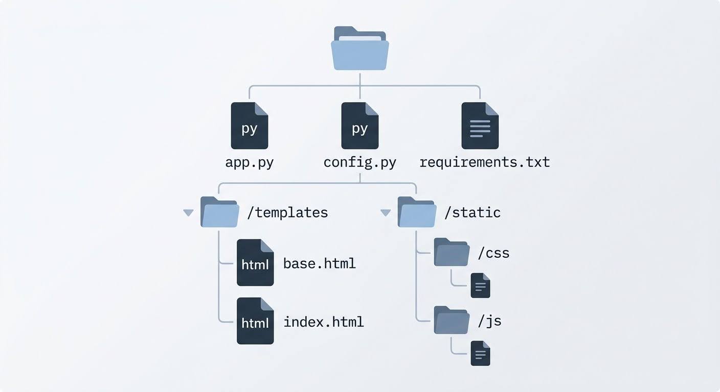 Структура файлов Flask-проекта: app.py, templates и static папки