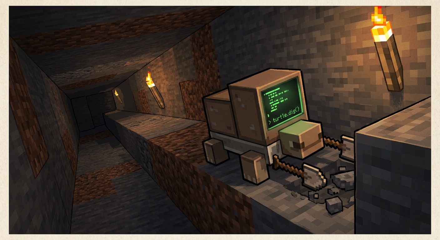 Черепаха-робот Turtle из ComputerCraft копает туннель в Minecraft