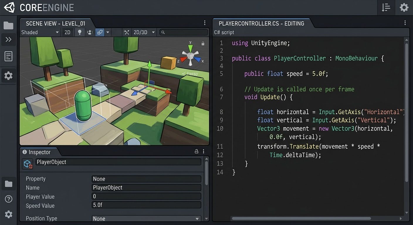 Редактор Unity с C#-скриптом для разработки игры