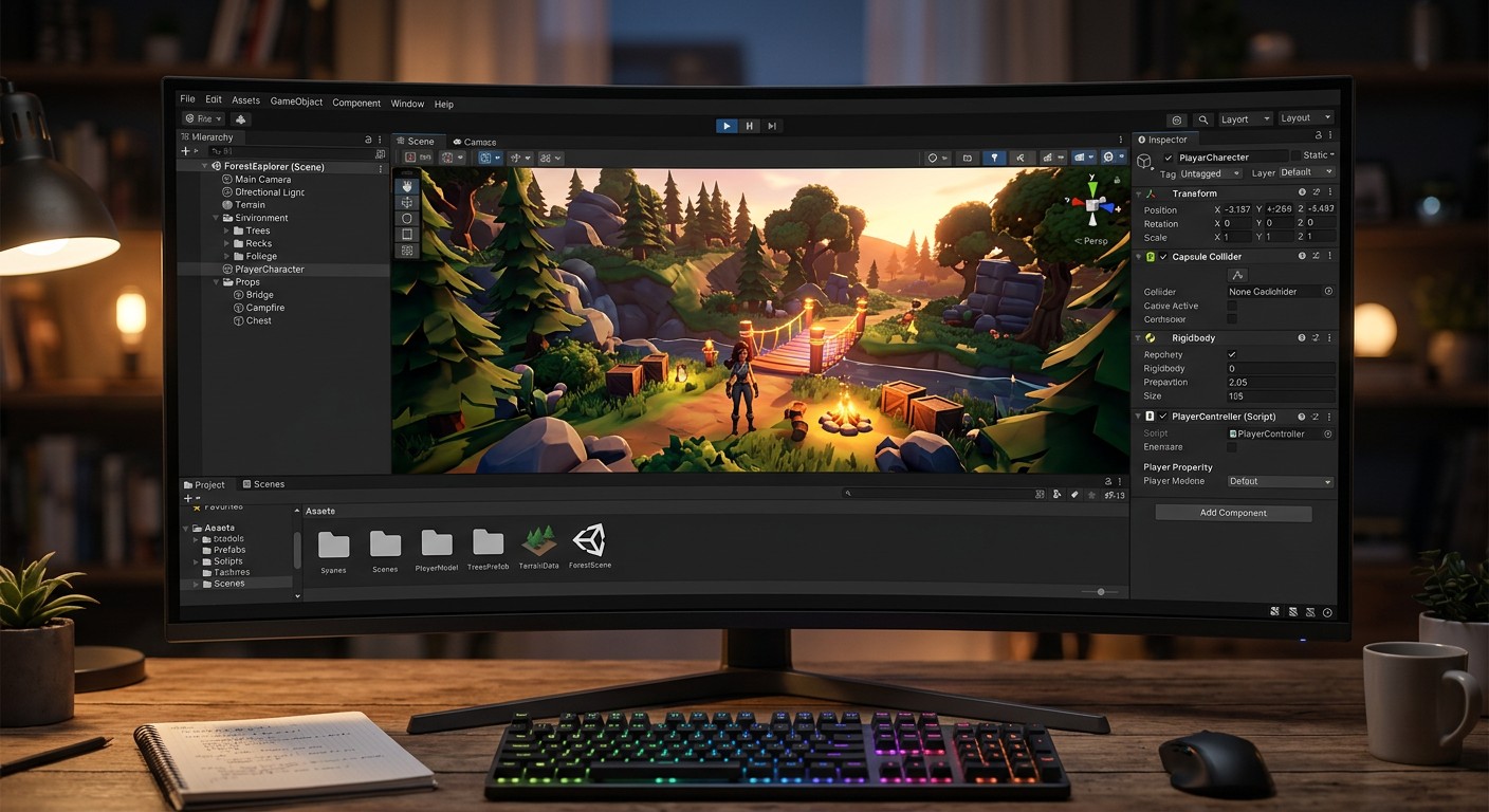 Интерфейс Unity с открытой 3D-сценой для разработки игры