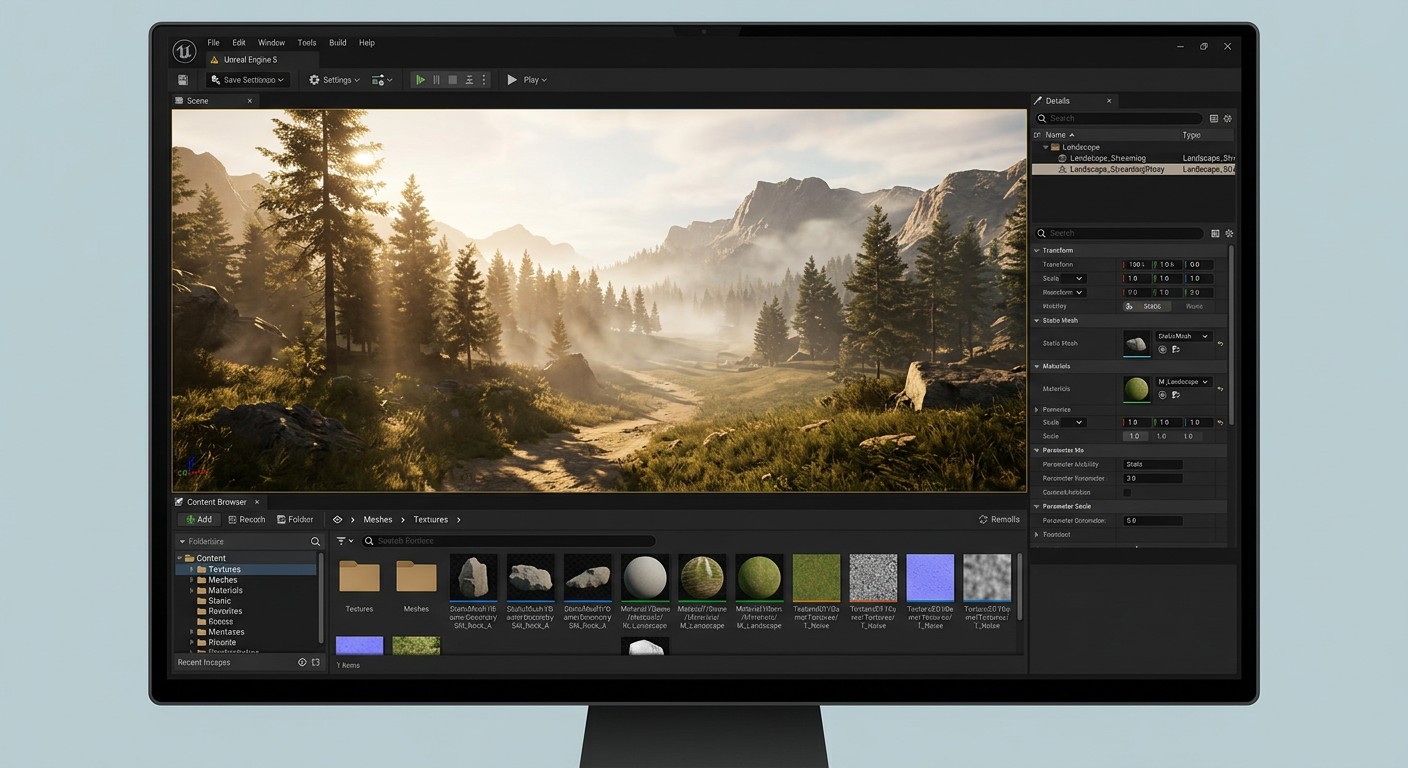 Интерфейс Unreal Engine 5 с Lumen-освещением в редакторе