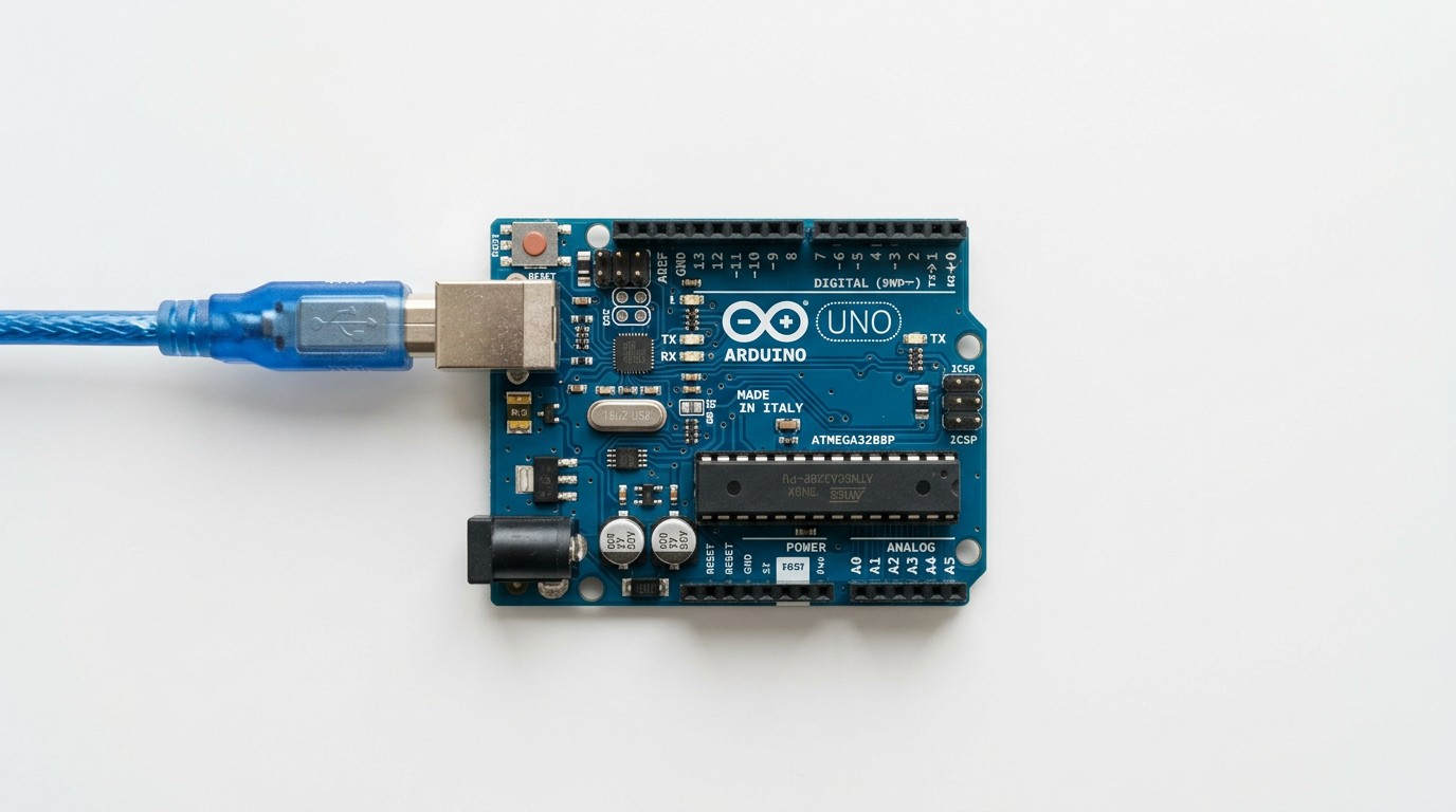 Плата Arduino Uno R3 для начинающих крупным планом на белом фоне