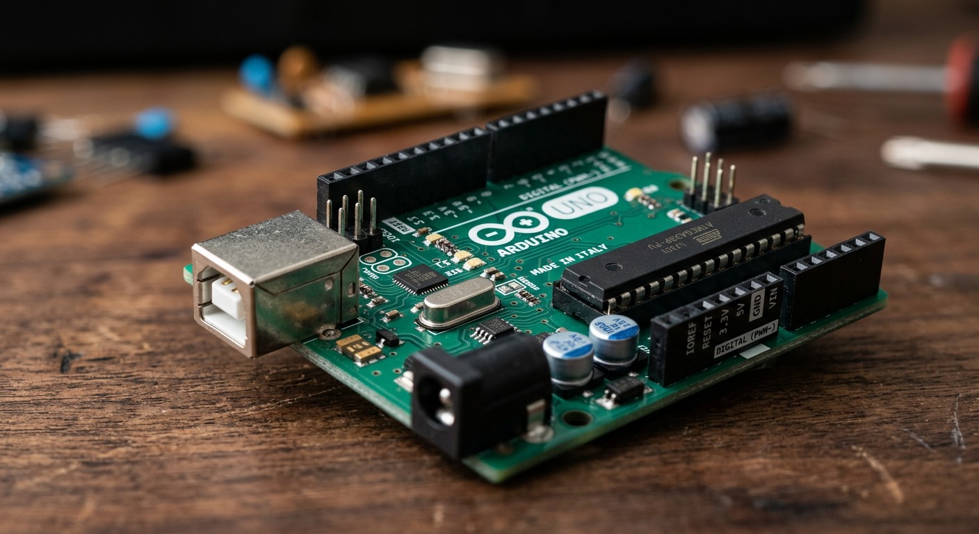 Плата Arduino Uno крупным планом для программирования роботов