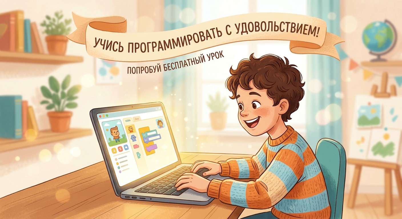 Школьник приглашается на бесплатный пробный урок онлайн-курса программирования