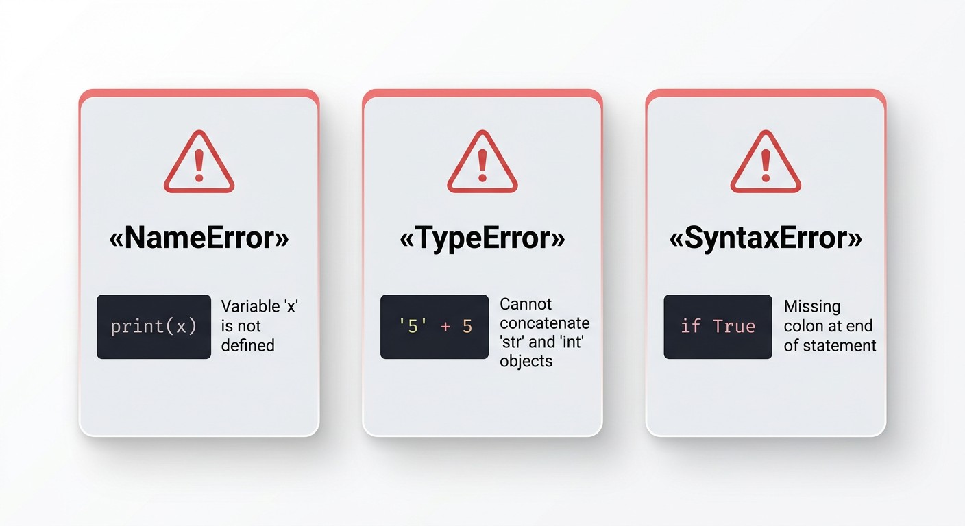 Частые ошибки Python: NameError, TypeError, SyntaxError