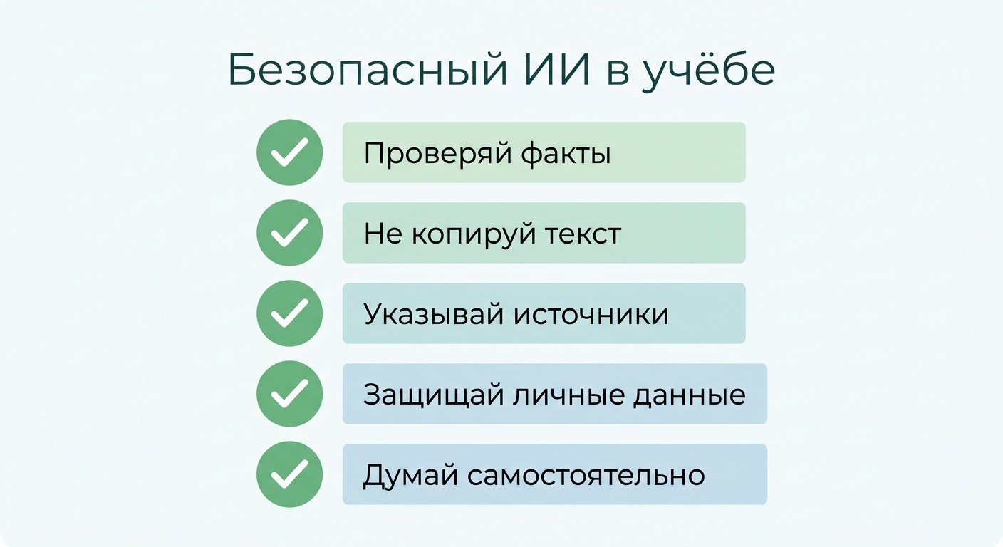 Чек-лист безопасного использования ИИ в учёбе для школьников и студентов