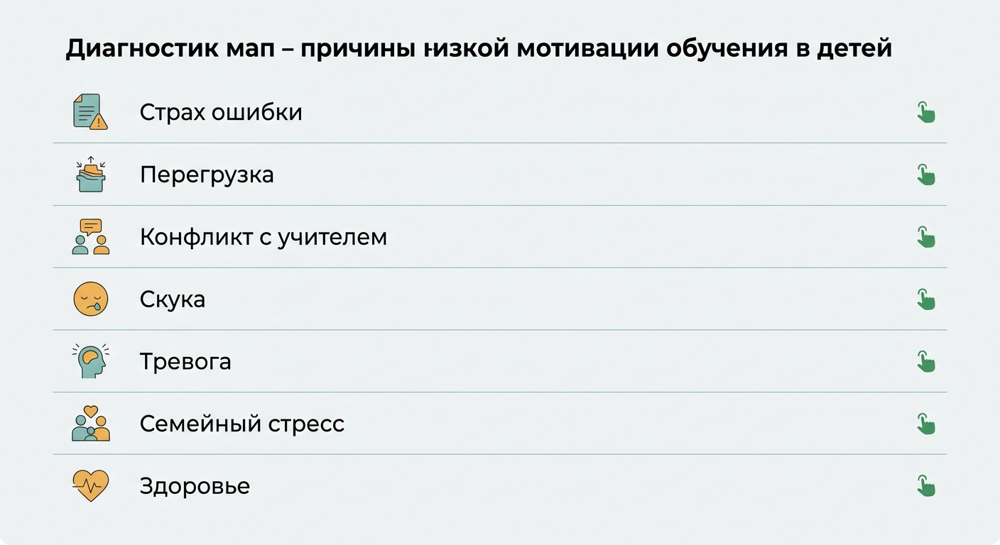 Карта диагностики причин сниженной мотивации ребёнка учиться