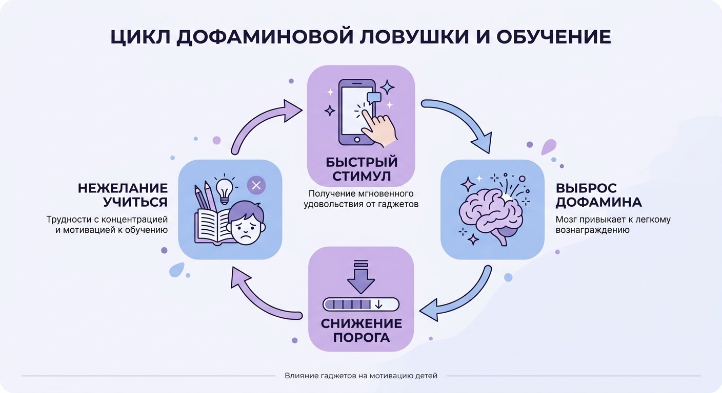Дофаминовая петля гаджетов снижает мотивацию ребёнка к учёбе