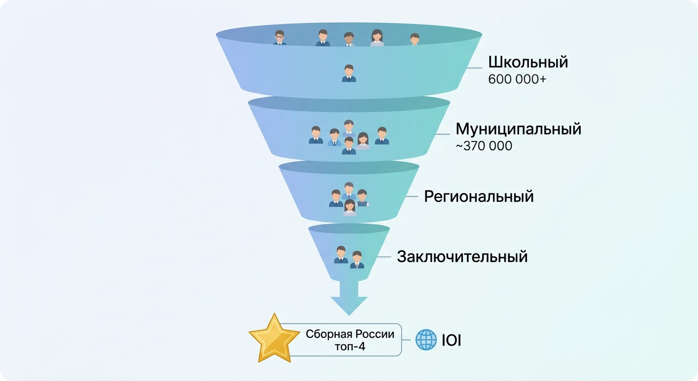Воронка четырёх этапов ВсОШ по информатике — от школьного до IOI