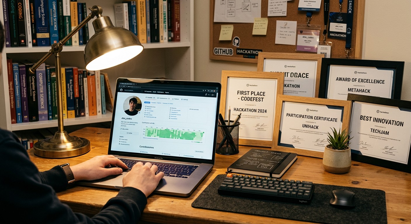Портфолио школьника: дипломы хакатонов и профиль GitHub на экране ноутбука