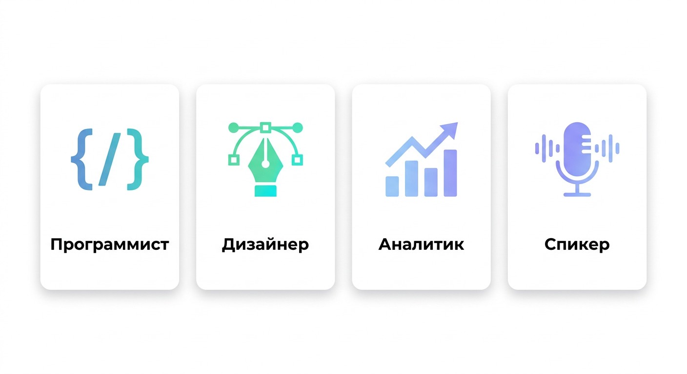 Роли в команде хакатона для школьников: программист, дизайнер, аналитик, спикер