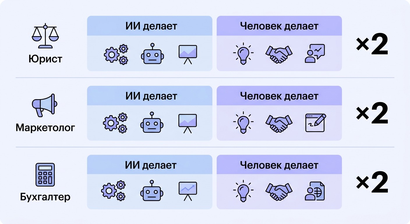 Схема: юрист, маркетолог и бухгалтер плюс нейросеть — двойная эффективность