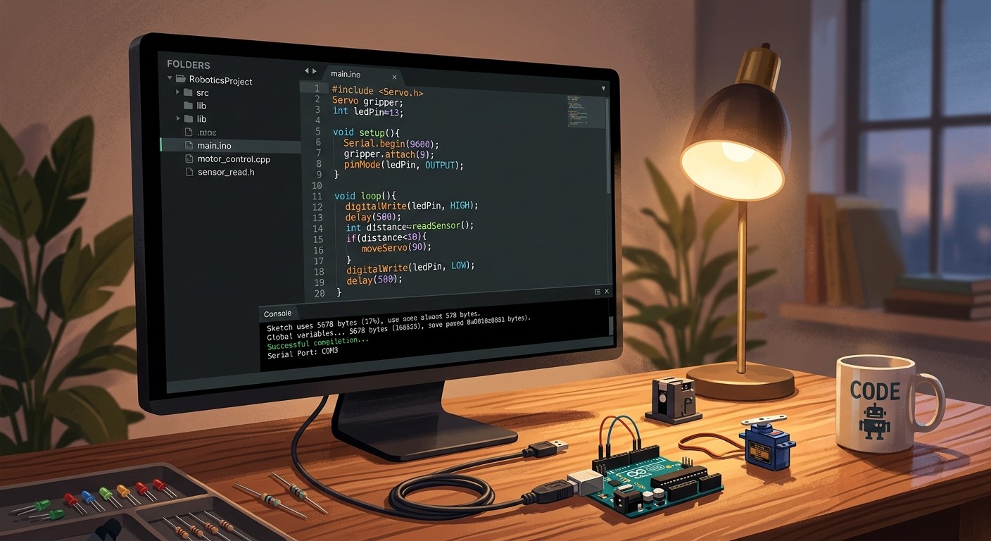 Интерфейс Arduino IDE с кодом для программирования роботов
