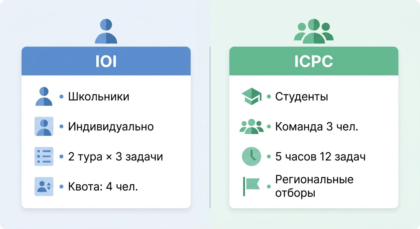 Сравнительная инфографика олимпиад IOI для школьников и ICPC для студентов