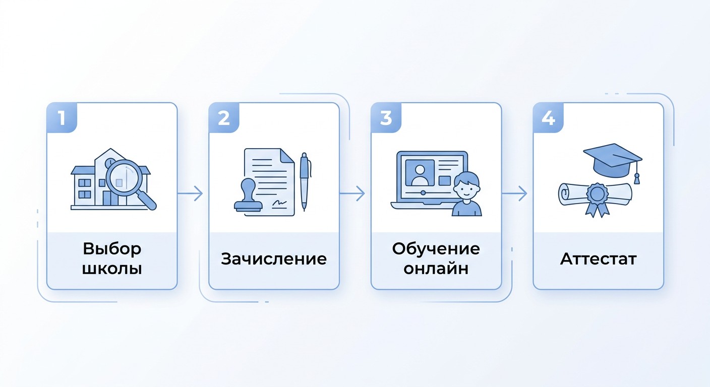 Инфографика: четыре шага получения аттестата в онлайн-школе для детей