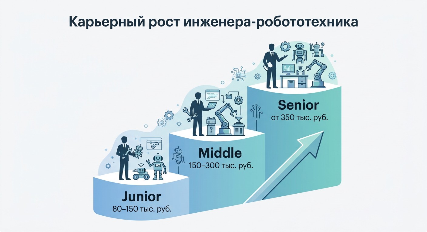 Карьерная лестница робототехника — Junior, Middle, Senior с зарплатами